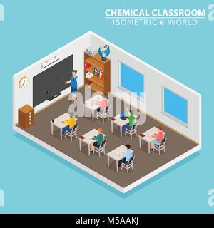 School and learning isometric concept with teacher and children on blue background Stock Vector