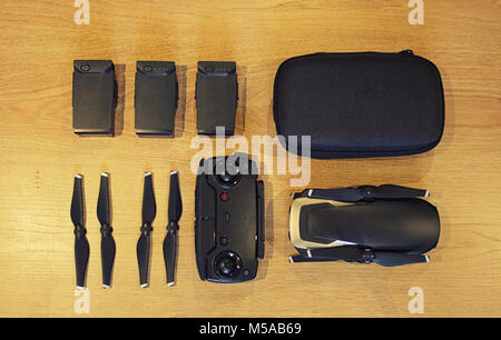 DJI Mavic Air quadcopter Drone on wooden table Stock Photo