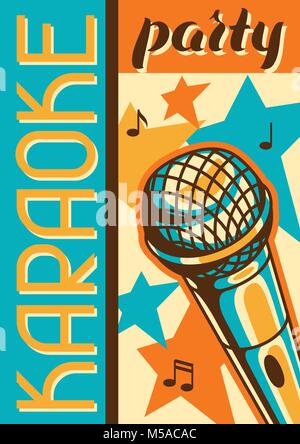 Karaoke party poster. Music event banner. Illustration with microphone in retro style Stock Vector