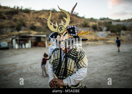 The Pharisees of the Yaqui tribe perform a ritual with masks of strange characters from animals, demons, aliens, extra terrestrials, etc., as part of Lent in Coloso Alto colony in Hermosillo, Sonora, Mexico. Stock Photo