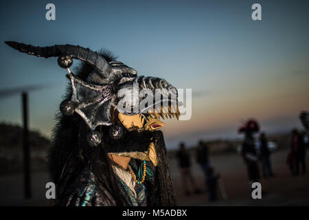 The Pharisees of the Yaqui tribe perform a ritual with masks of strange characters from animals, demons, aliens, extra terrestrials, etc., as part of Lent in Coloso Alto colony in Hermosillo, Sonora, Mexico. Stock Photo