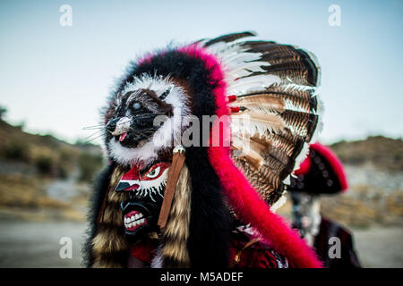 The Pharisees of the Yaqui tribe perform a ritual with masks of strange characters from animals, demons, aliens, extra terrestrials, etc., as part of Lent in Coloso Alto colony in Hermosillo, Sonora, Mexico. Stock Photo