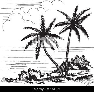 Palms and the sea sketch Stock Vector