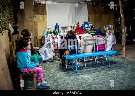 The Pharisees of the Yaqui tribe perform a ritual with masks of strange characters from animals, demons, aliens, extra terrestrials, etc., as part of Lent in Coloso Alto colony in Hermosillo, Sonora, Mexico. Stock Photo