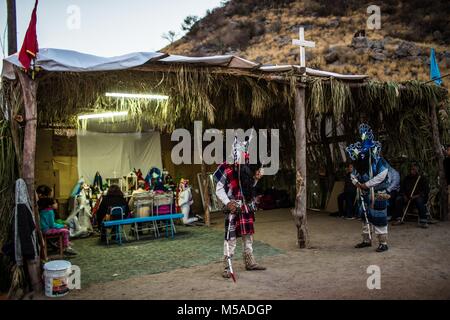 The Pharisees of the Yaqui tribe perform a ritual with masks of strange characters from animals, demons, aliens, extra terrestrials, etc., as part of Lent in Coloso Alto colony in Hermosillo, Sonora, Mexico. Stock Photo