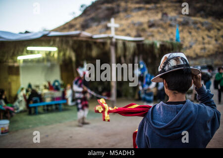 The Pharisees of the Yaqui tribe perform a ritual with masks of strange characters from animals, demons, aliens, extra terrestrials, etc., as part of Lent in Coloso Alto colony in Hermosillo, Sonora, Mexico. Stock Photo