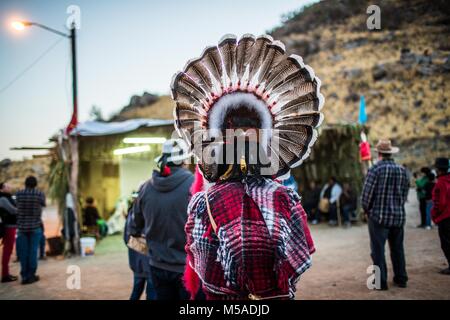 The Pharisees of the Yaqui tribe perform a ritual with masks of strange characters from animals, demons, aliens, extra terrestrials, etc., as part of Lent in Coloso Alto colony in Hermosillo, Sonora, Mexico. Stock Photo