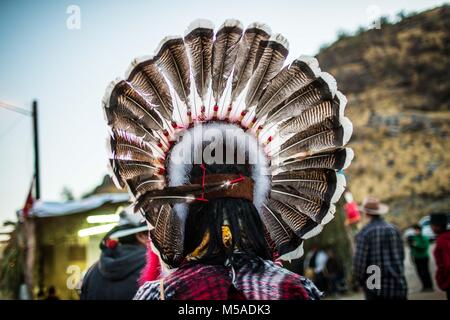 The Pharisees of the Yaqui tribe perform a ritual with masks of strange characters from animals, demons, aliens, extra terrestrials, etc., as part of Lent in Coloso Alto colony in Hermosillo, Sonora, Mexico. Stock Photo