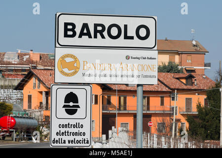 Langhe, Piedmont, Italy, panorama of Piedmont: Langhe-Roero and Monferrato in the World Heritage List of UNESCO. Street signs Italy, Piedmont, Stock Photo
