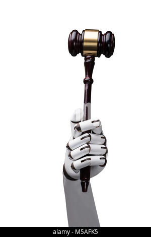 Robot's Hand Holding Gavel On White Background Stock Photo