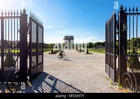 Entrance to the Augarten with one of 6 anti-aircraft gun blockhouse towers called Flak towers. The Augarten park is a public park situated in the seco Stock Photo