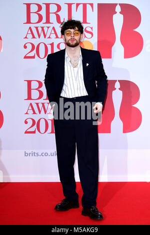 Tom Grennan attending the Brit Awards at the O2 Arena, London. PRESS ASSOCIATION Photo. Picture date: Wednesday February 21, 2018. See PA story SHOWBIZ Brits. Photo credit should read: Ian West/PA Wire Stock Photo