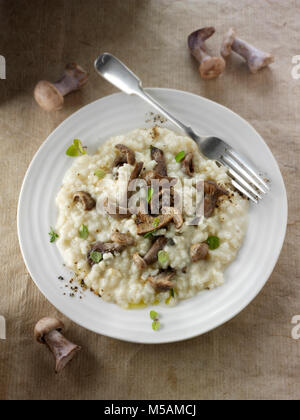 Sauteed wiild organic Pied Bleu Mushrooms (Clitocybe nuda) or Blue Foot mushrooms cooked in butter and herbs Risotto Stock Photo