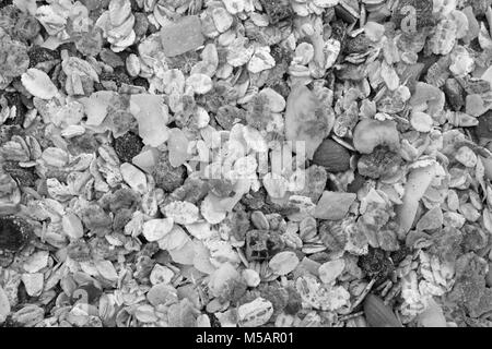 Background of muesli - cereal flakes with seeds, mixed fruit and nuts - as an abstract background texture - close detail - monochrome processing Stock Photo