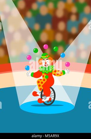 Cute clown juggling balls on unicycle. Funny juggler show performance for spectators on circus arena. Travel amusement park background. Vector cartoon Stock Vector