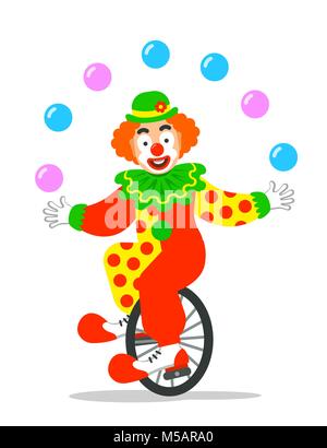 Funny circus clown juggling balls on unicycle. Vector cartoon illustration. Isolated on white Stock Vector