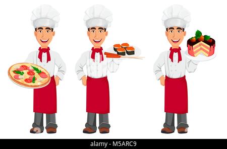 Young professional chef in uniform and cook hat. Smiling cartoon character, set with pizza, with sushi and with cake. Restaurant staff character desig Stock Vector