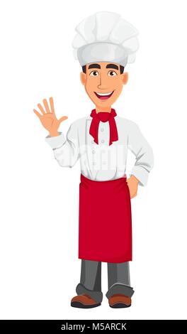 Young professional chef in uniform and cook hat. Cartoon character waving hand. Restaurant staff character design. Vector illustration Stock Vector