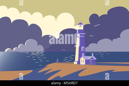 Landscape with lighthouse, vector illustration. Sunset at sea after storm. Stock Vector