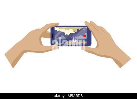 Hands of travel man making photo or video of landscape with lighthouse and sea on smartphone. Vector illustration. Stock Vector