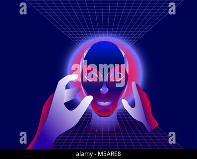 Virtual reality concept, cyberpunk girl character in futuristic 3d space. Vector illustration. Stock Vector