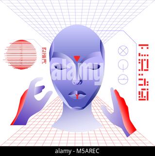 Virtual reality concept, cyberpunk girl character in futuristic 3d space. Vector illustration. Stock Vector