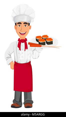 Young professional chef in uniform and cook hat. Smiling cartoon character holding sushi rolls. Restaurant staff character design. Vector illustration Stock Vector
