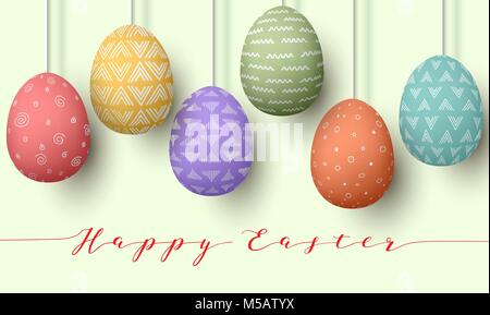 Pending easter multicolored eggs isolated. Happy Easter. Easter hanging eggs with different simple ornaments. vector illustration. Postcard template,  Stock Vector