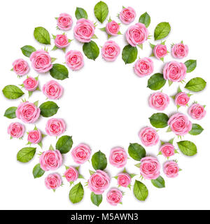 Rond frame wreath made of pink roses isolated on white background. Gentle circular floral ornament. Flower mandala Stock Photo