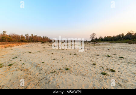 North Indian ecology: View of dried up riverbed in Jim Corbett National Park wildlife sanctuary, Ramnagar, Uttarakhand State, northern India Stock Photo