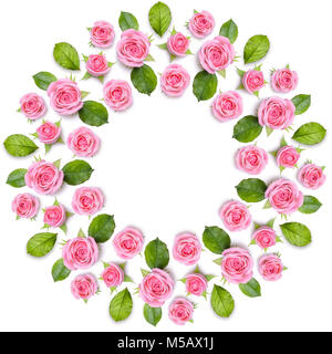 Rond frame wreath made of pink roses isolated on white background. Gentle circular floral ornament. Flower mandala Stock Photo