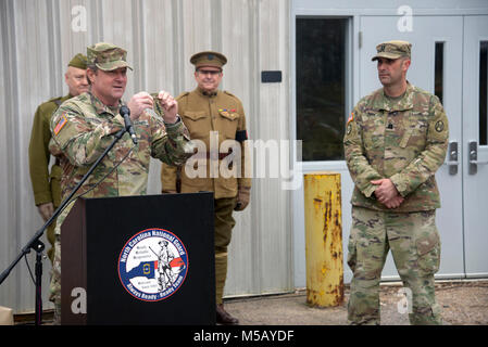 U.S. Army Chief Warrant Officer James Herring the Senior Chief Warrant officer North Carolina National Guard presents his 1st Special Forces Command (Airborne) combat patch during the North Carolina National Guard Museum and Learning Center of Excellence groundbreaking ceremony at Joint Force Headquarters in Raleigh, North Carolina, February 13, 2018. Local, state and North Carolina National Guard leaders are in attendance for a groundbreaking ceremony at North Carolina National Guard’s Joint Force Headquarters to celebrate the beginning of construction for the North Carolina National Guard Mu Stock Photo