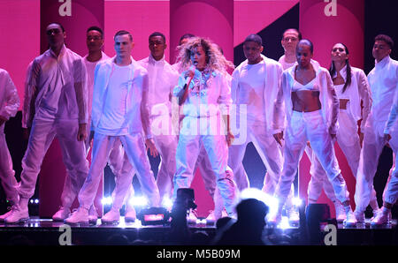 Rita Ora performs on stage during the 2018 BRIT Awards show, held at the O2 Arena, London. EDITORIAL USE ONLY. PRESS ASSOCIATION Photo. Picture date: Wednesday February 21, 2018. See PA Story SHOWBIZ Brits. Photo credit should read: Victoria Jones/PA Wire. Stock Photo