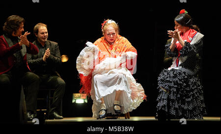 London, UK. 21st February, 2018. Legendary Flameco Artist 'La Chana' appears  with Angel Rojas, Antonio Canales and Gema Moneo perform Gala Flamenca, the final part of the Flamenco festival at  Sadler's Wells Theatre, London.  21 Feb, 2018 Credit: Thomas Bowles/Alamy Live News Stock Photo