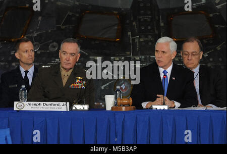 February 21, 2018 - Kennedy Space Center, Florida, United States -  U.S. Vice President Mike Pence (second from right) and Gen. Joseph Dunford, Jr., Chairman of the Joint Chiefs of Staff (second from left) participate in the second meeting of the National Space Council on February 21, 2018 at the Kennedy Space Center in Florida. The Trump administration re-established the council in June, 2017. (Paul Hennessy/Alamy) Stock Photo
