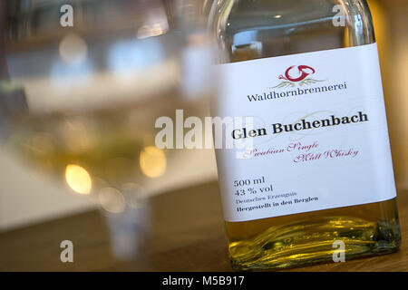 21 February 2018, Germany, Berglen: A bottle of 'Glen Buchenbach' stands on the table of the Waldhorn distillery's shop. The European Court of Justice is to decide whether a Single Malt Whisky from Swabia is allowed to be called 'Glen'. The Scotch Whisky Association sees an indirect and reference to the trademarked geographical indication 'Scotch Whisky'. Photo: Sebastian Gollnow/dpa Stock Photo
