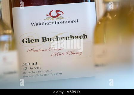 21 February 2018, Germany, Berglen: A bottle of 'Glen Buchenbach' stands on the table of the Waldhorn distillery's shop. The European Court of Justice is to decide whether a Single Malt Whisky from Swabia is allowed to be called 'Glen'. The Scotch Whisky Association sees an indirect and reference to the trademarked geographical indication 'Scotch Whisky'. Photo: Sebastian Gollnow/dpa Stock Photo