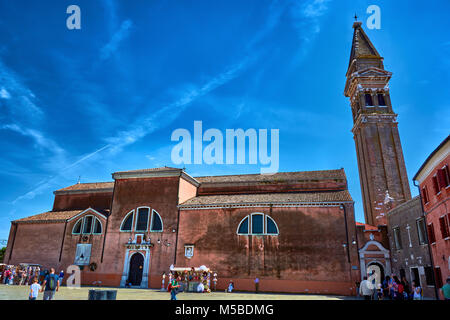 BURANO, ITALY - MAY 21, 2017: View of the Leaning Bell Tower in Burano, Italy. Stock Photo