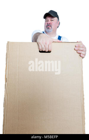 Man carrying large cardboard box against white background Stock Photo