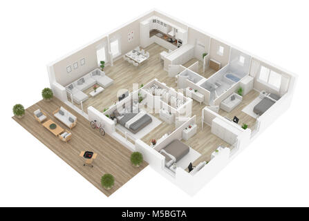 Floor plan top view. Apartment interior isolated on white background. 3D render Stock Photo