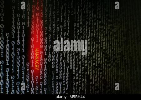 computer virus. binary data shown on black screen with wannacry text hilight with red colour. Stock Photo