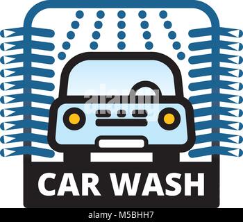 Blue Passenger Car at automatic car wash station. Linear vector illustration with editable line. Stock Vector