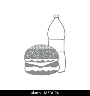 Burger and bottle of soda water. Harmful eating habits. Design for banner and print. Stock Vector