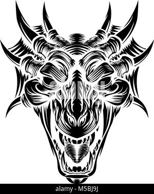 Dragon Head Front Woodcut Stock Vector