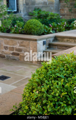 Small corner of beautiful, landscaped, private garden with contemporary design, paved patio & steps, border shrubs & plants - Yorkshire, England, UK. Stock Photo