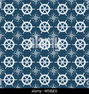 Maritime mood. Seamless nautical pattern with steering wheels and compass, vector illustration Stock Vector