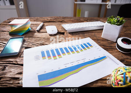 Close-up Of Financial Graph And Mobile Phone On Wooden Desk Stock Photo