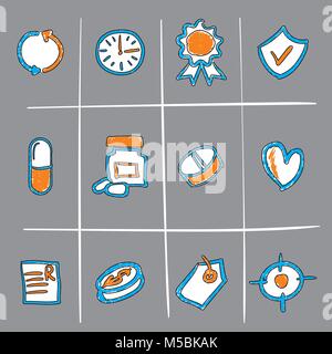Hand drawn sketched vector medical icons or doodles. Blue and orange colors Stock Vector
