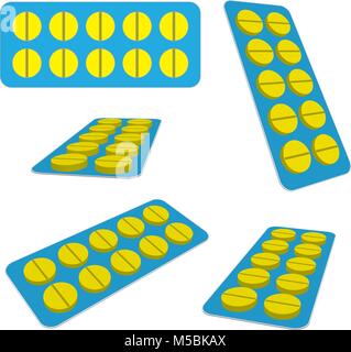 Yellow pills in the blister. Views from different angles. Medical vector illustration Stock Vector
