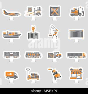 Cargo Transport and Packaging two color sticker set Stock Vector